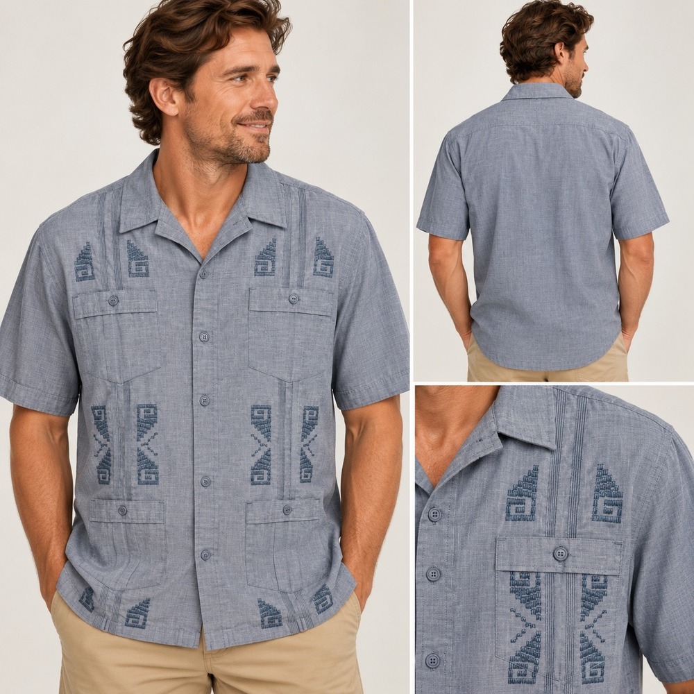 Howler Brothers Men Blue Chambray Guayabera Short Sleeve Shirt Large Embroidered